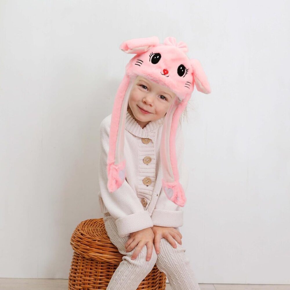 Kids Cat_pink Animal Hat with Ears Moving Jumping Pop Up Beating Plush Holiday - Picture 8 of 9